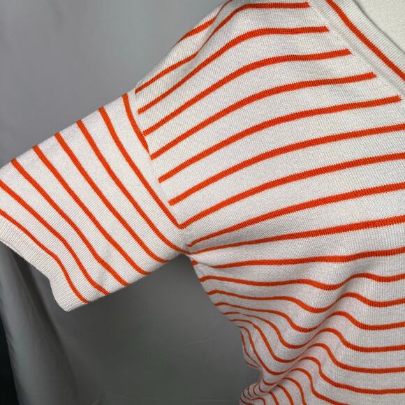 Ann Taylor Orange White Striped V-Neck Sweater Top Size‎ S SP22 Short Sleeve - Picture 2 of 15